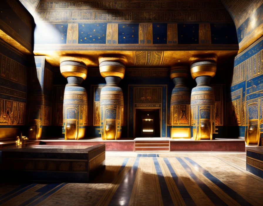 Ancient Egyptian temple interior with towering columns and intricate hieroglyphs