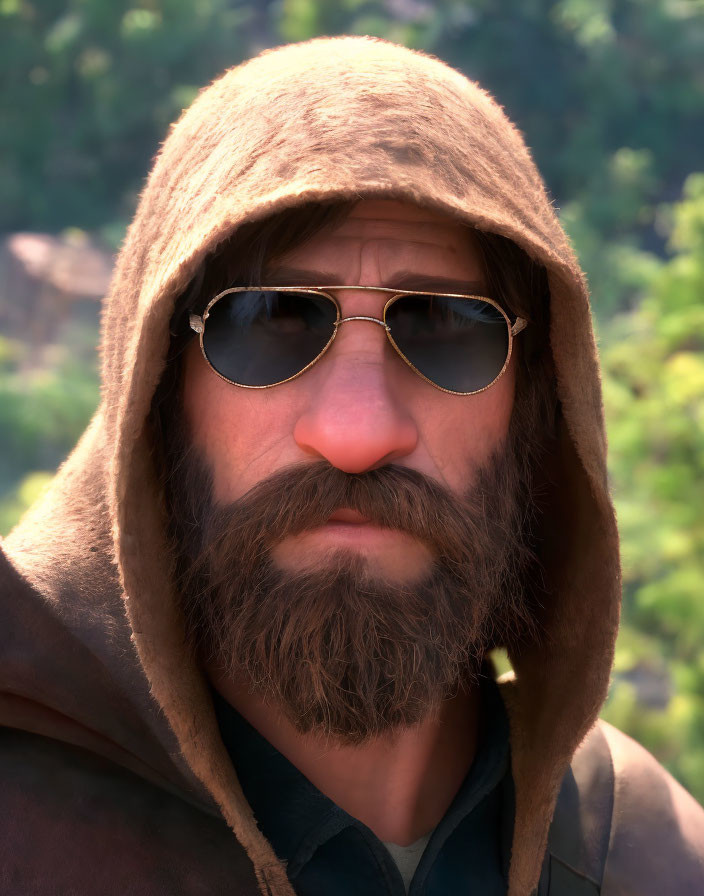 Bearded Man in Sunglasses with Hooded Garment Outdoors