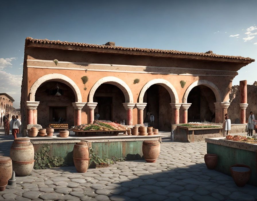 Ancient marketplace scene with terracotta pots, greenery, and traditional attire people.