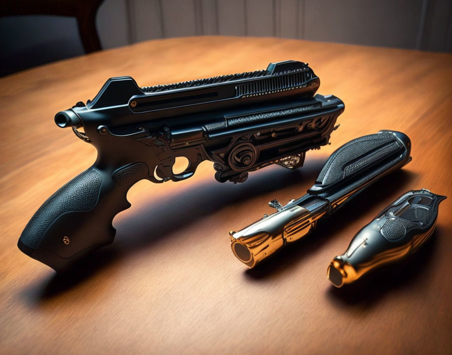 Three ornate futuristic pistols on wooden surface