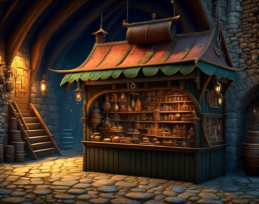 Enchanting shop with magical potions and artifacts