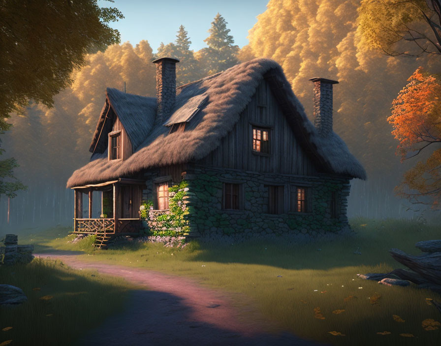 Thatched roof stone cottage in lush forest sunlight