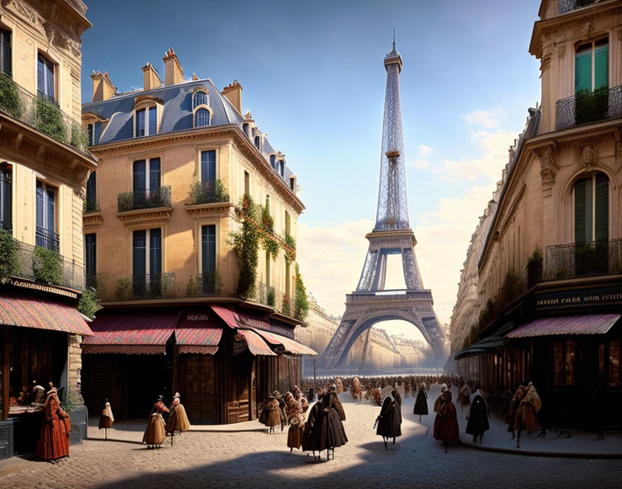 Reimagined historical Parisian street with Eiffel Tower in background