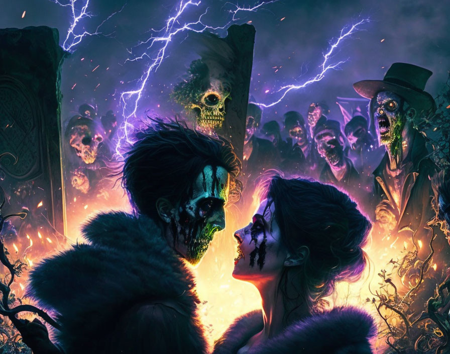 Skull-faced individuals in mystical setting with lightning and ghostly figures