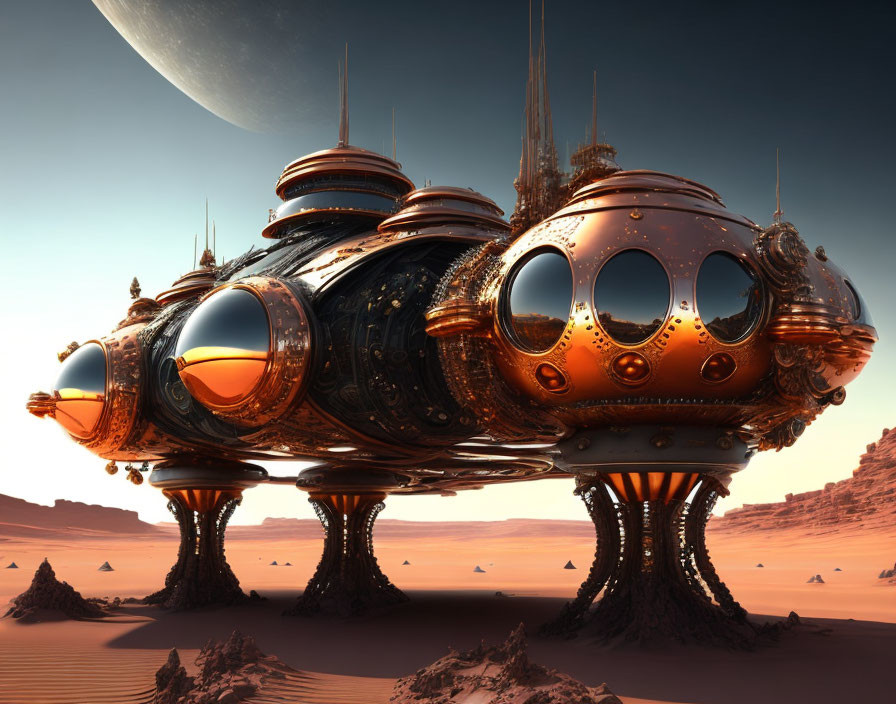 Futuristic copper-toned structure with spherical modules and spires in desert landscape.