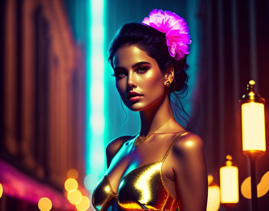 Woman with pink flower in hair in golden dress against neon lights and lanterns