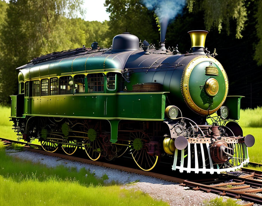 Vintage Green Steam Locomotive with Golden Trim on Tracks in Lush Green Setting