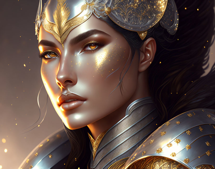 Golden-armored woman with glowing details and serene expression