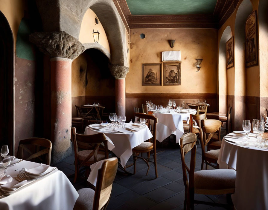 White Tablecloths, Wooden Chairs, Arches & Paintings in Dining Room