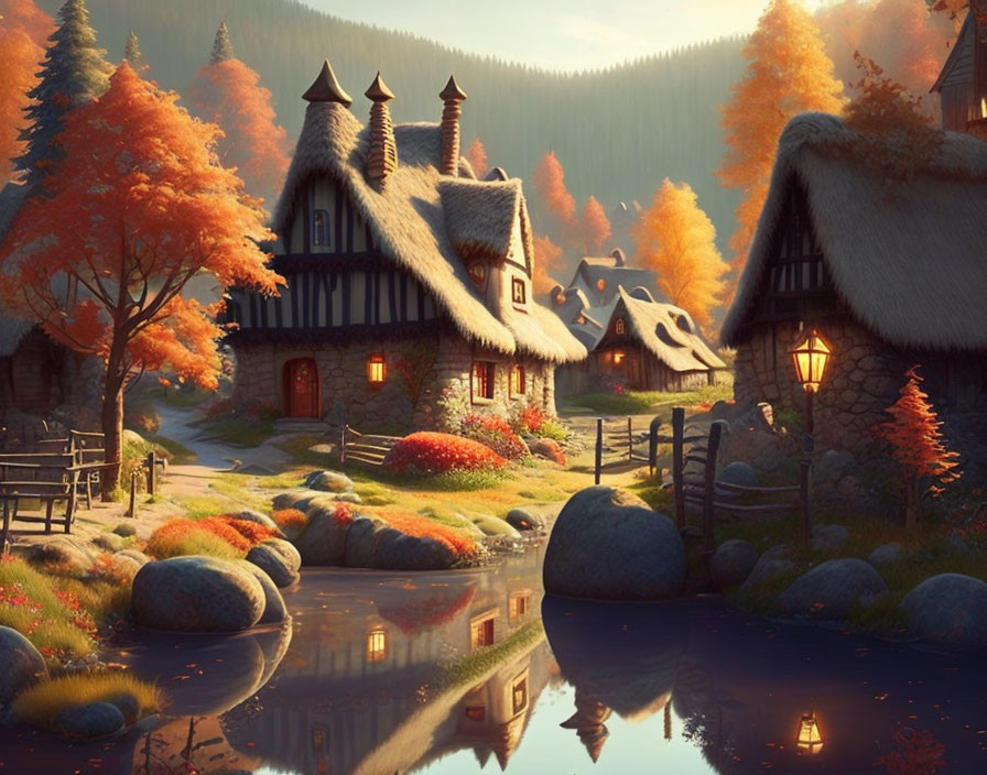 Thatched-Roof Cottages in Autumn Village by Reflective River