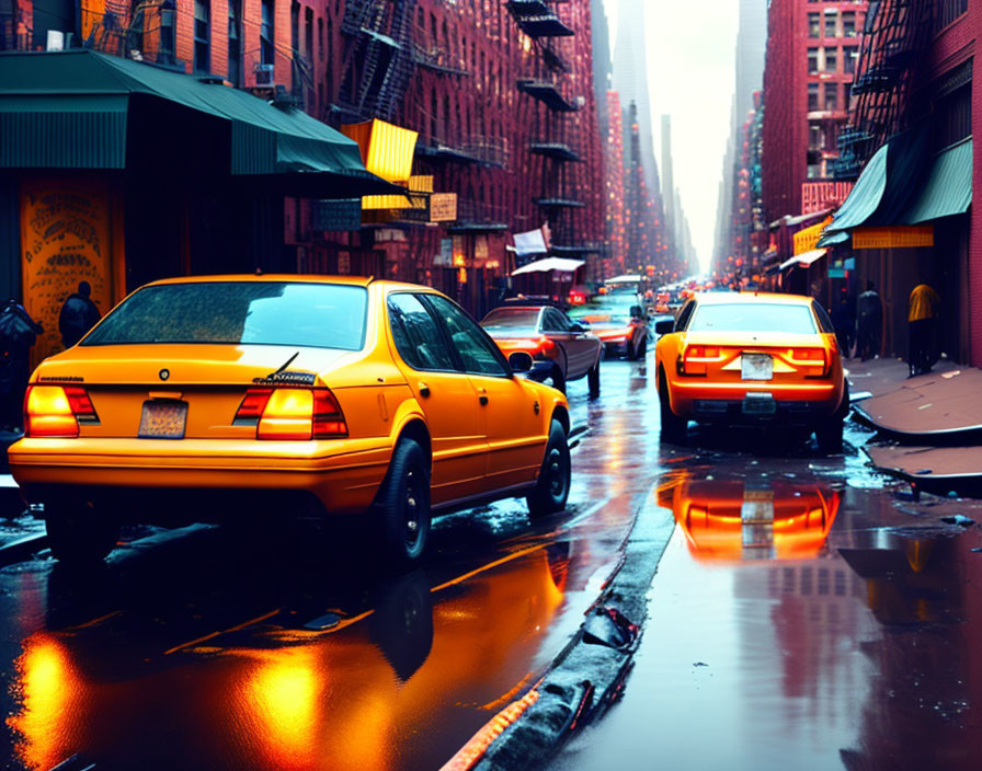 City street scene: yellow cabs, wet pavement, high-rise buildings, overcast skies