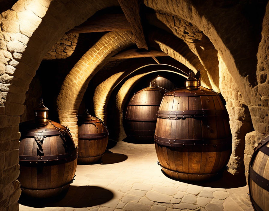 Stone arches and wooden barrels in dimly lit wine cellar