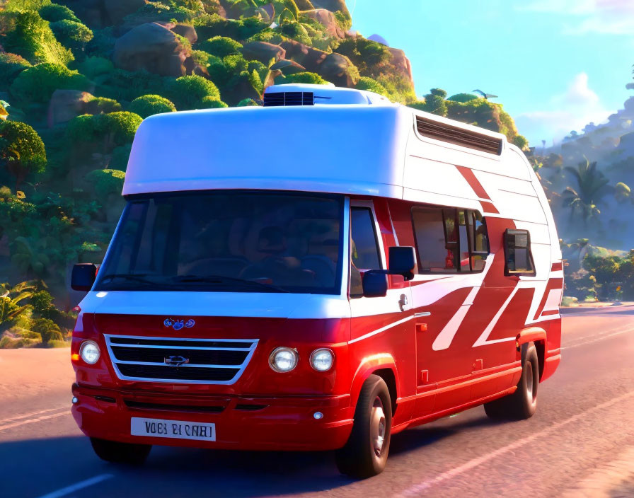 Red and White Camper Van Driving on Coastal Road with Lush Greenery