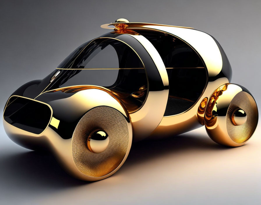 Sleek Black and Gold Car with Bubble Windows and Golden Wheels