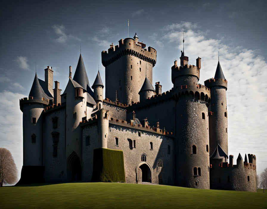 Majestic medieval castle with spires and towers on grassy field