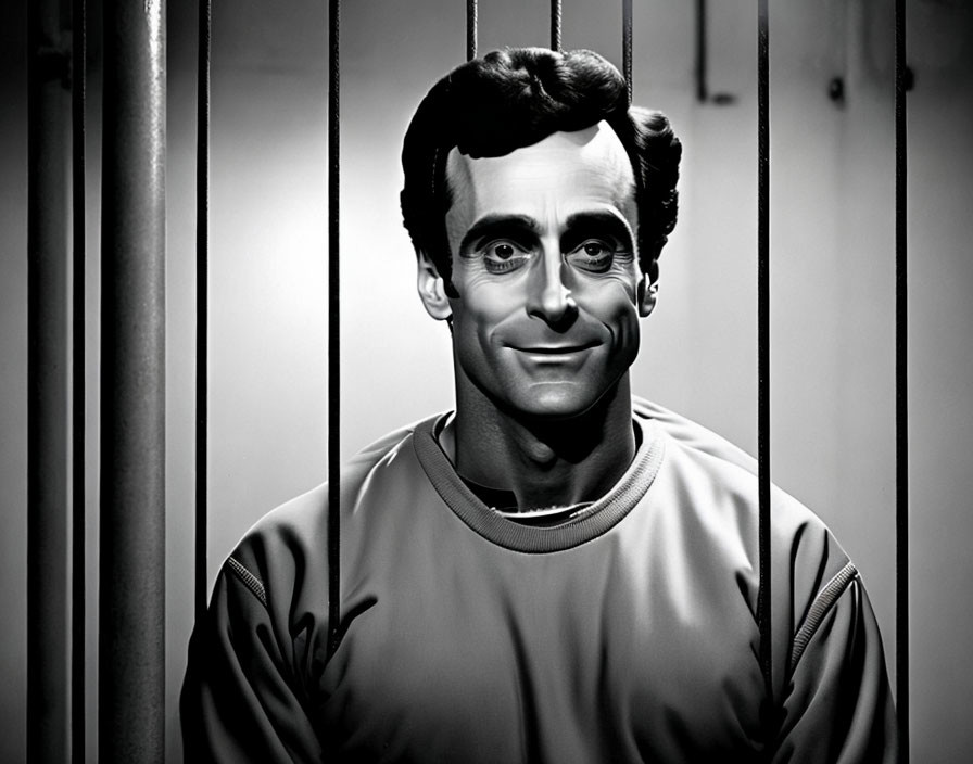 Monochrome portrait of confident man behind bars