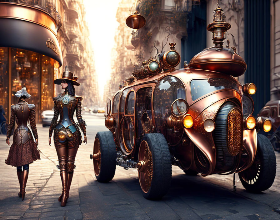 Steampunk attired women with retro-futuristic car in city scene