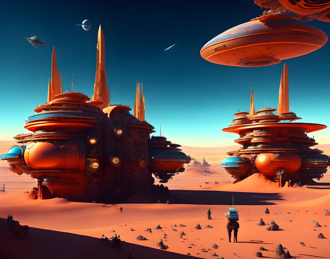 Futuristic desert landscape with floating alien structures and multiple moons