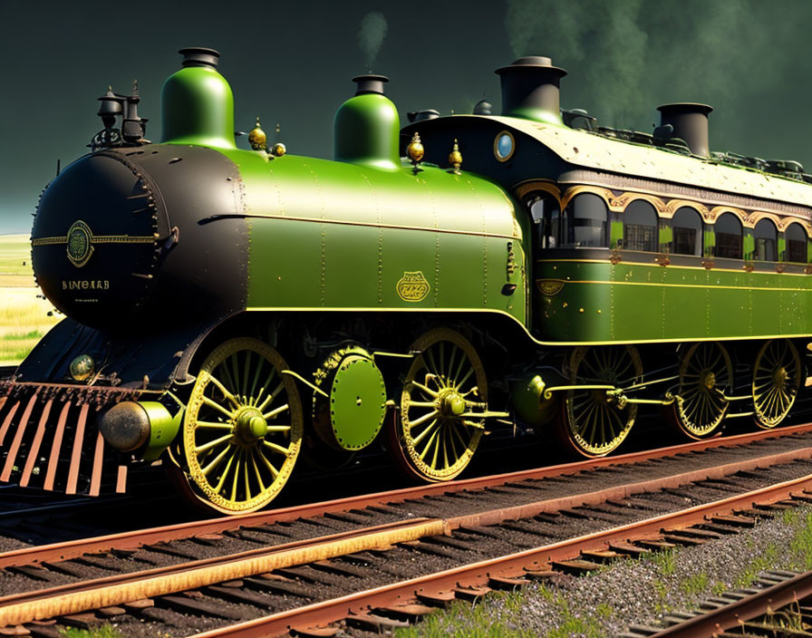 Vintage steam locomotive with green, black, and golden accents on rail track