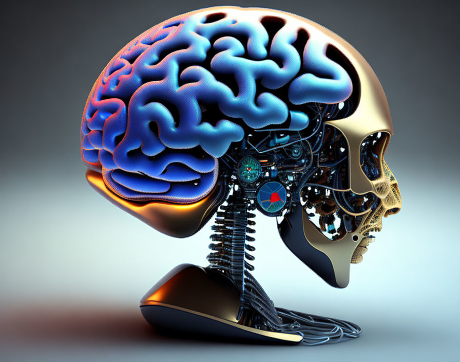 Human skull split: brain in blue/red, gears/circuits.