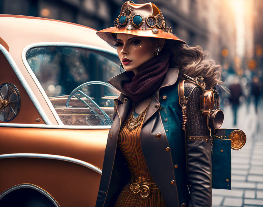 Steampunk woman in leather hat and goggles next to vintage car