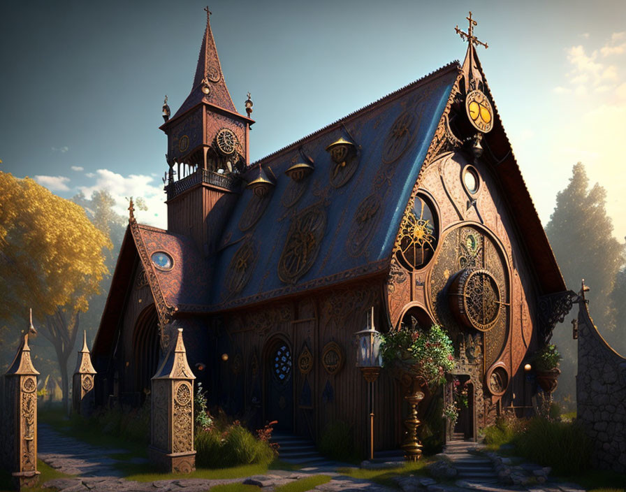 Intricate Gothic-style church in serene forest clearing