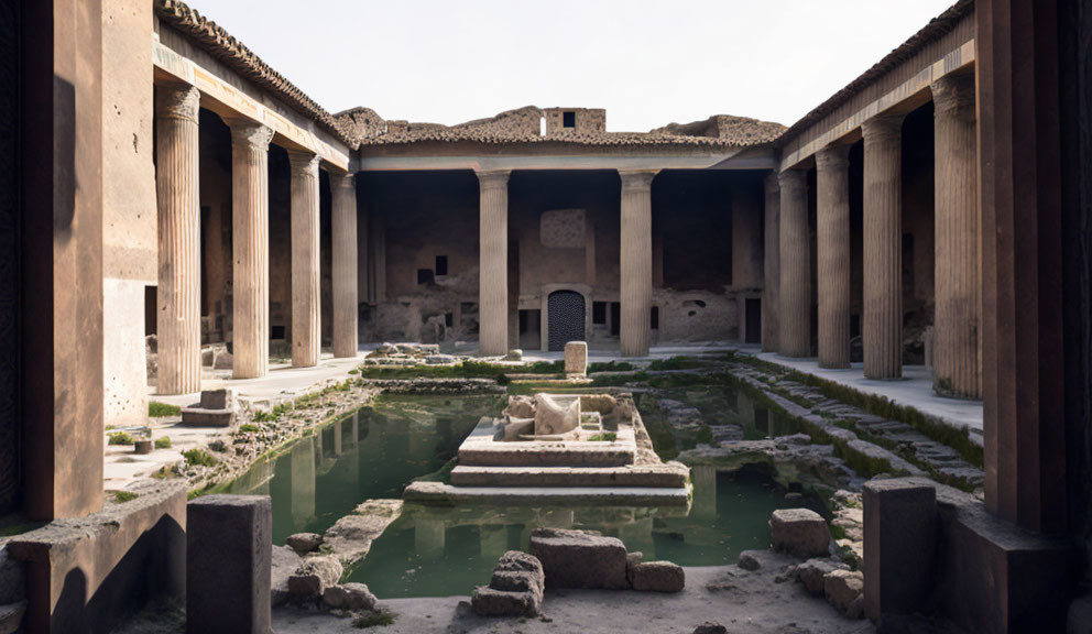 Ancient Roman House Courtyard with Columns, Garden, and Pool