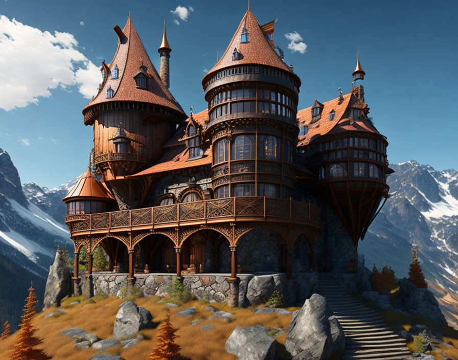 Majestic fantasy castle with spires, balconies, and mountains