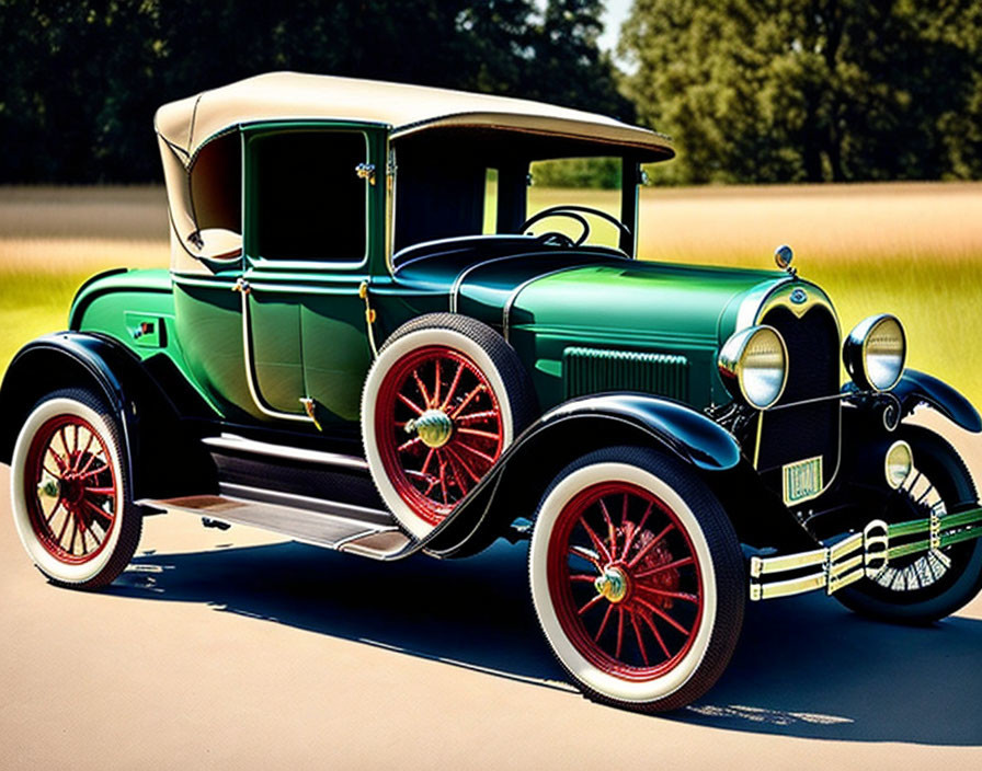 Classic Green Car with Red Spoked Wheels and White Wall Tires