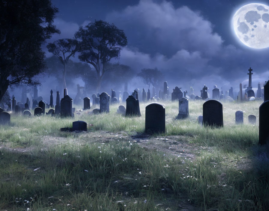 Moonlit Cemetery with Tombstones under Cloudy Sky