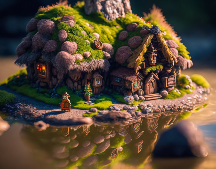 Miniature fairy tale cottage with thatched roof in serene twilight setting