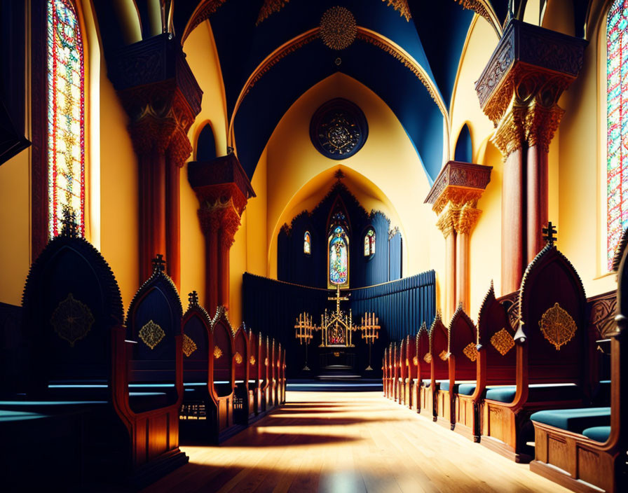 Vibrant stained glass windows in elegant church interior