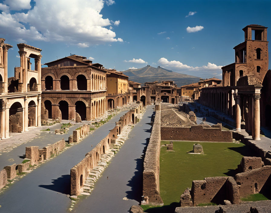 Ancient Roman ruins with columns and arches in deserted plaza