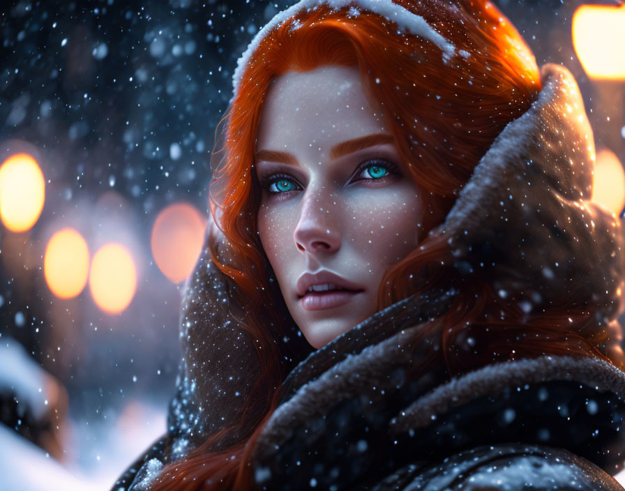 Red-haired woman with blue eyes in snowflake hair, fur-trimmed cloak, snowy backdrop