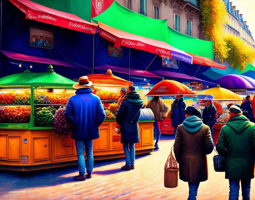 Colorful stalls and umbrellas in vibrant outdoor market scene