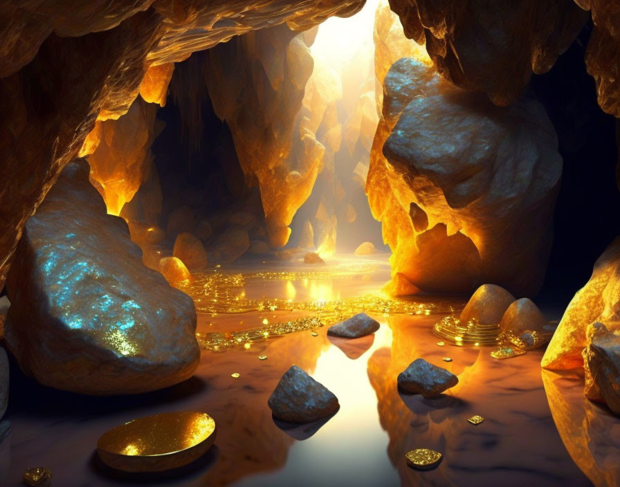 Golden coins, glowing stones, and tranquil water in luminous cave