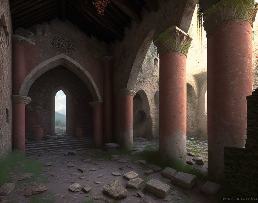 Ancient stone structure ruins with archways, columns, and rubble in natural light.