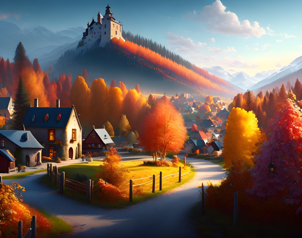 Scenic autumn village with castle, cozy houses, and mountain backdrop