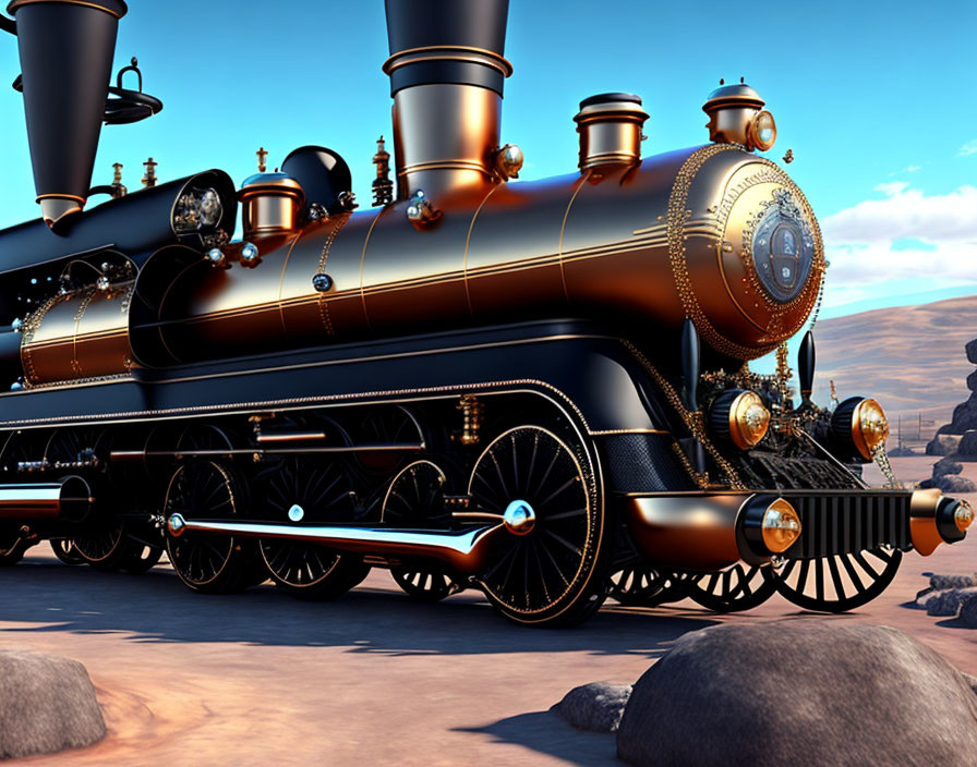 Vintage steam locomotive with polished brass in desert scenery