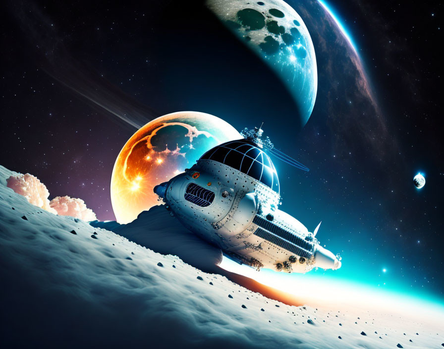 Vintage spaceship lands on celestial body with large moons in dramatic space scene