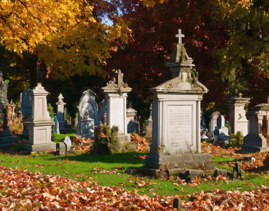 Ornate tombstones in autumn cemetery scene