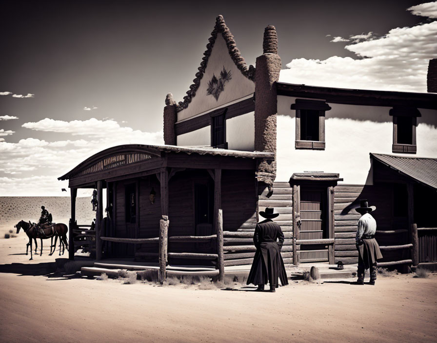 Vintage Western attire photo with two individuals outside old saloon and lone horse rider.