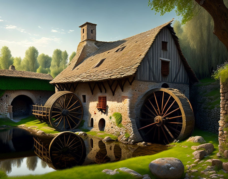 Tranquil watermill nestled in lush greenery