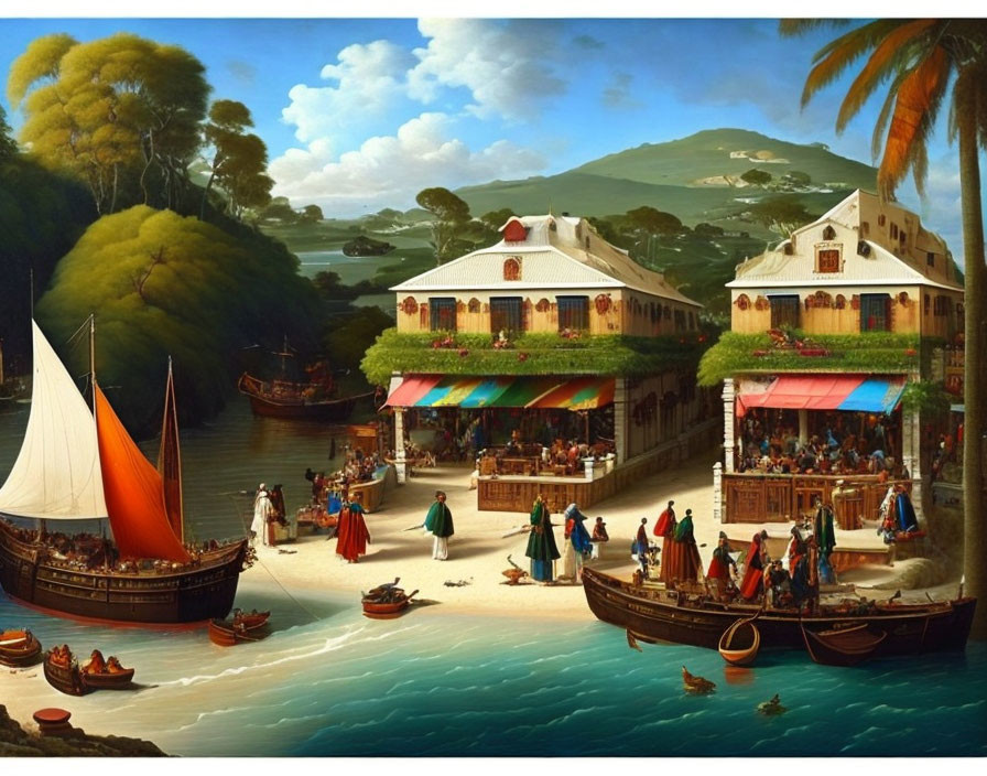 Historical waterfront scene with period attire, boats, market stalls, and colonial buildings.