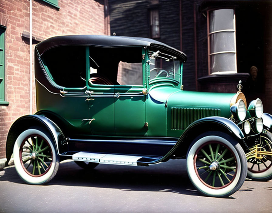 Classic Green Car with Black Roof and Brass Headlamps by Brick Building