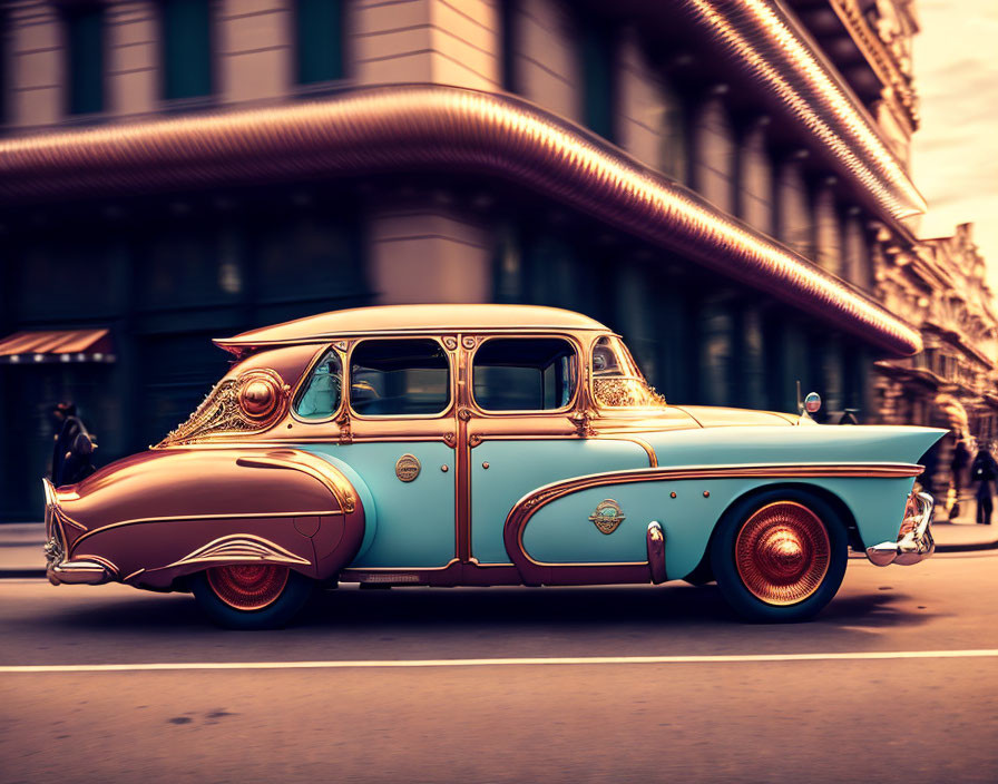 Vintage Blue and Brown Car with Intricate Designs on City Street