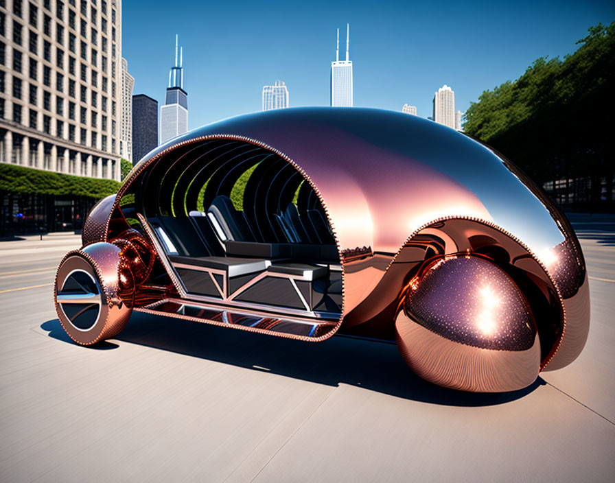 Sleek metallic autonomous vehicle in cityscape