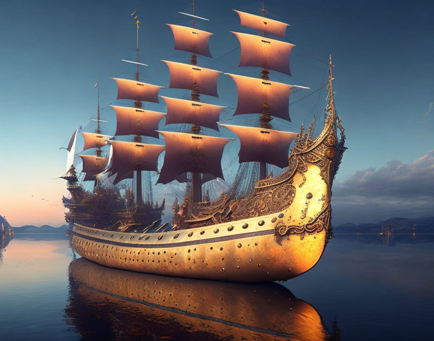 Golden-hued galleon with multiple sails sailing at sunset