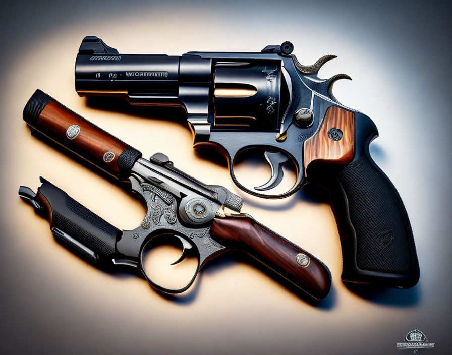 Engraved and scoped revolvers on gradient background