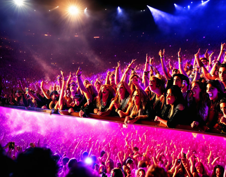 Crowd of concertgoers cheering under pink and yellow stage lights